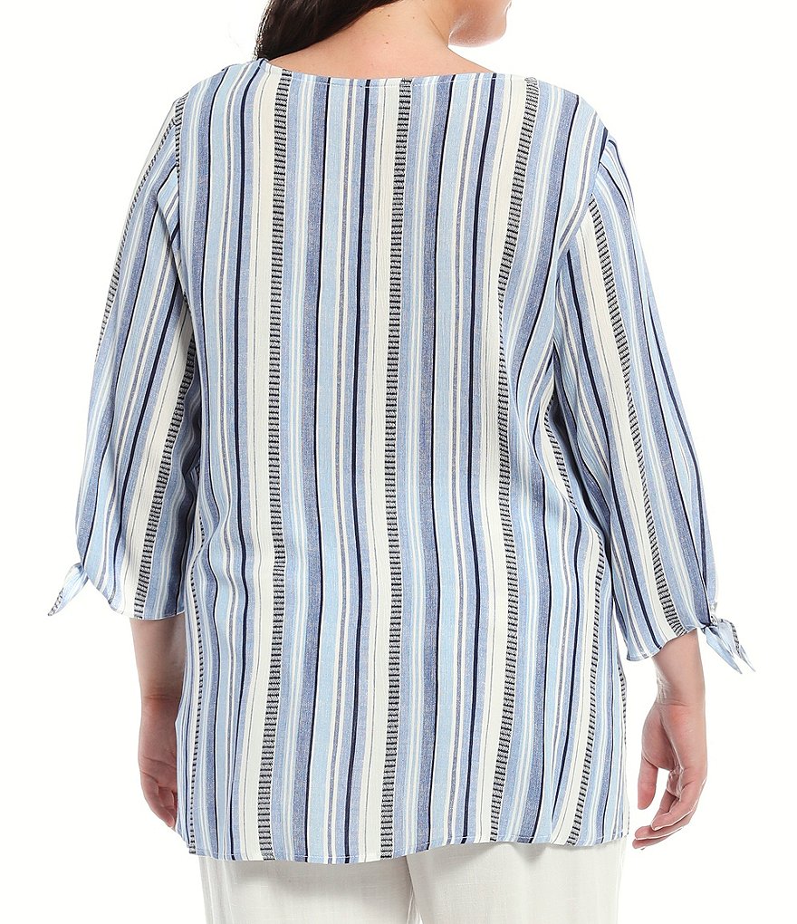 I.N. Studio Plus Size Textured Stripe Crepon Tassel Tie V-Neck Details 3/4 Tie Sleeve Crochet Trim Detail Top