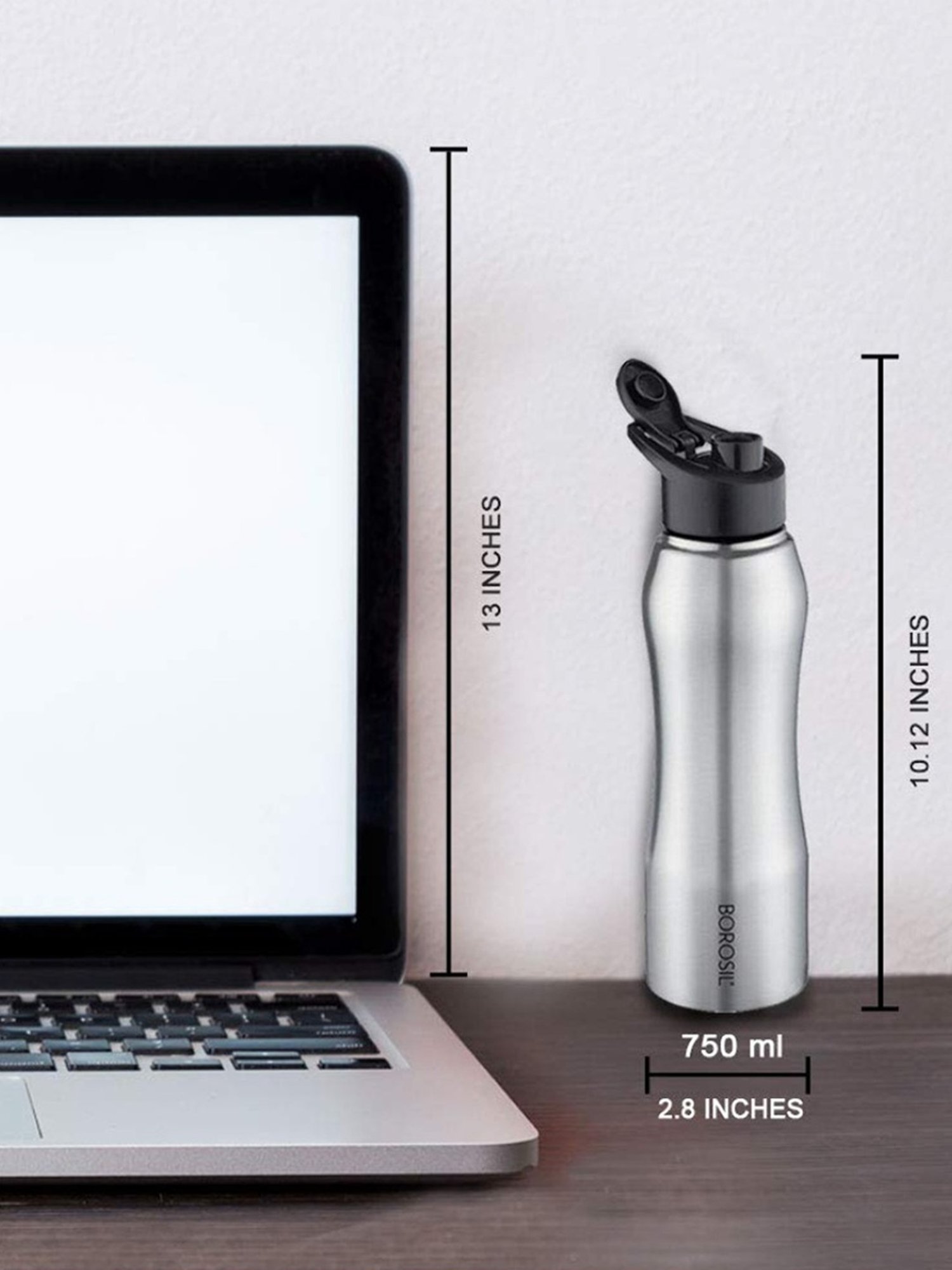 Borosil Water Bottle with Single Wall & Leakproof Set of 4 (Silver, 750 ml)