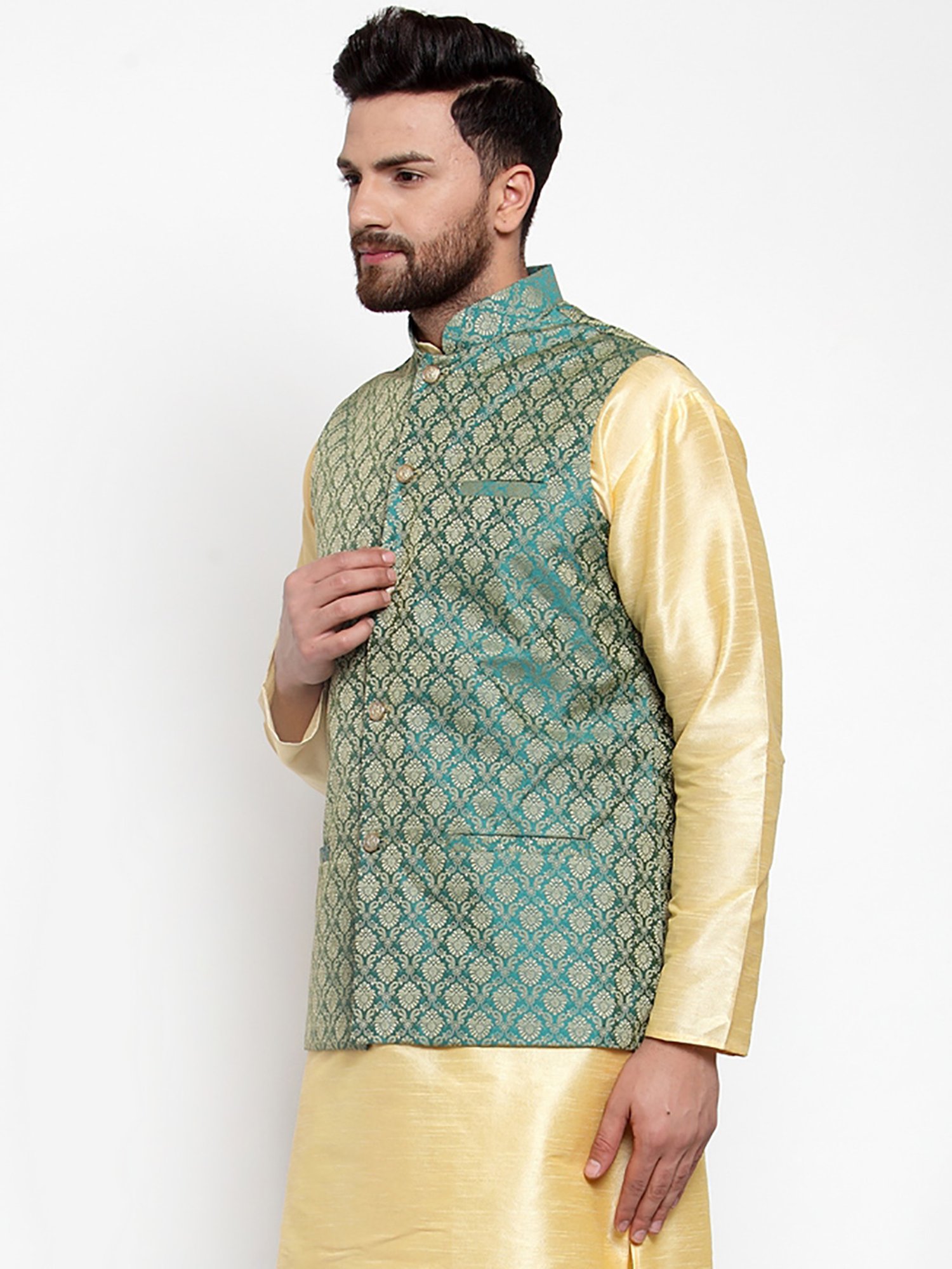 Jompers Green Regular Fit Self Design Nehru Jacket