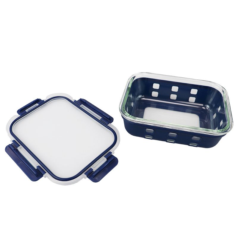 Michael Graves Design Rectangle Large 35 Ounce High Borosilicate Glass Food Storage Container with Plastic Lid, Indigo