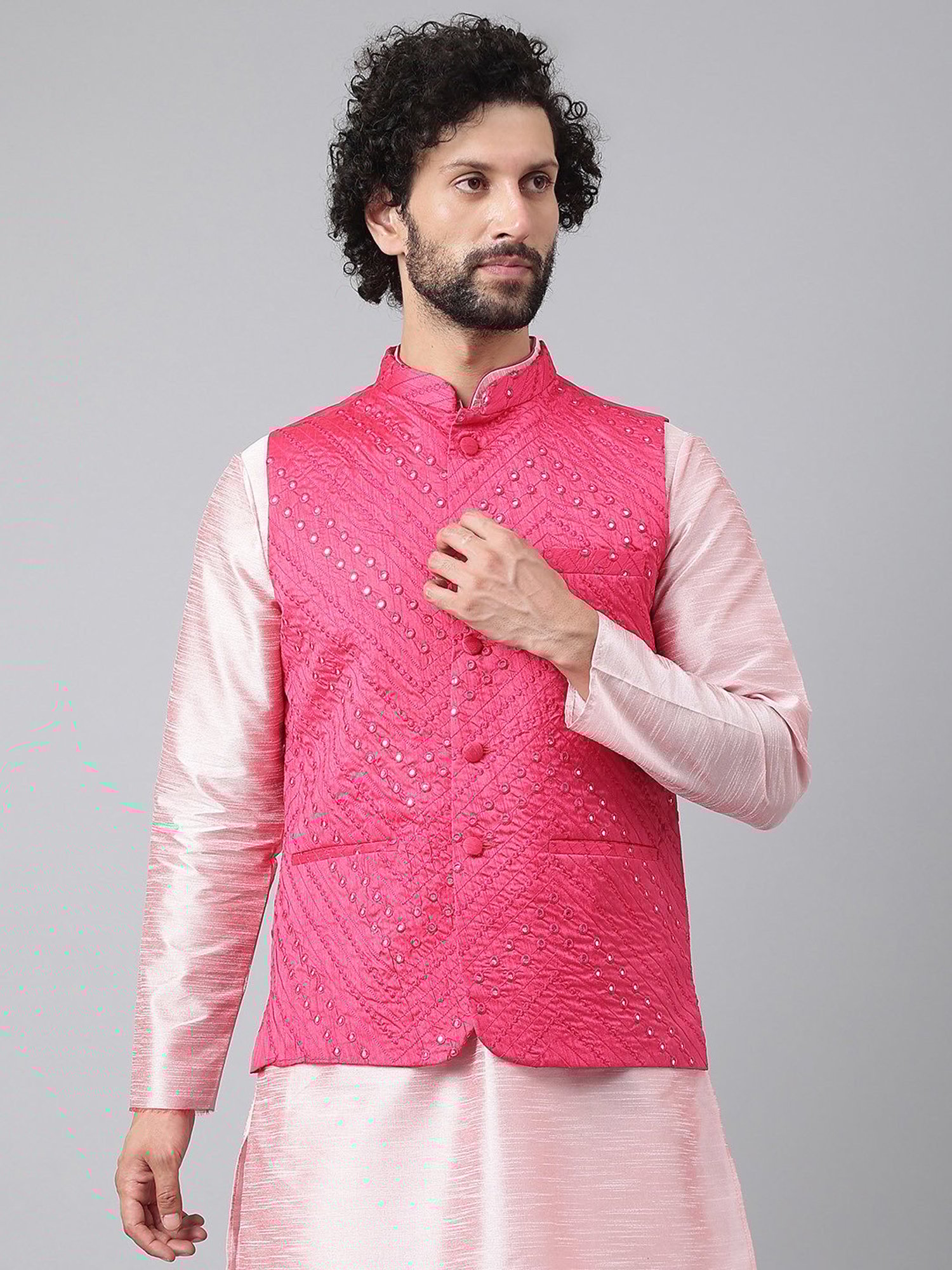Hangup Plus Pink Regular Fit Embroidered Nehru Jacket