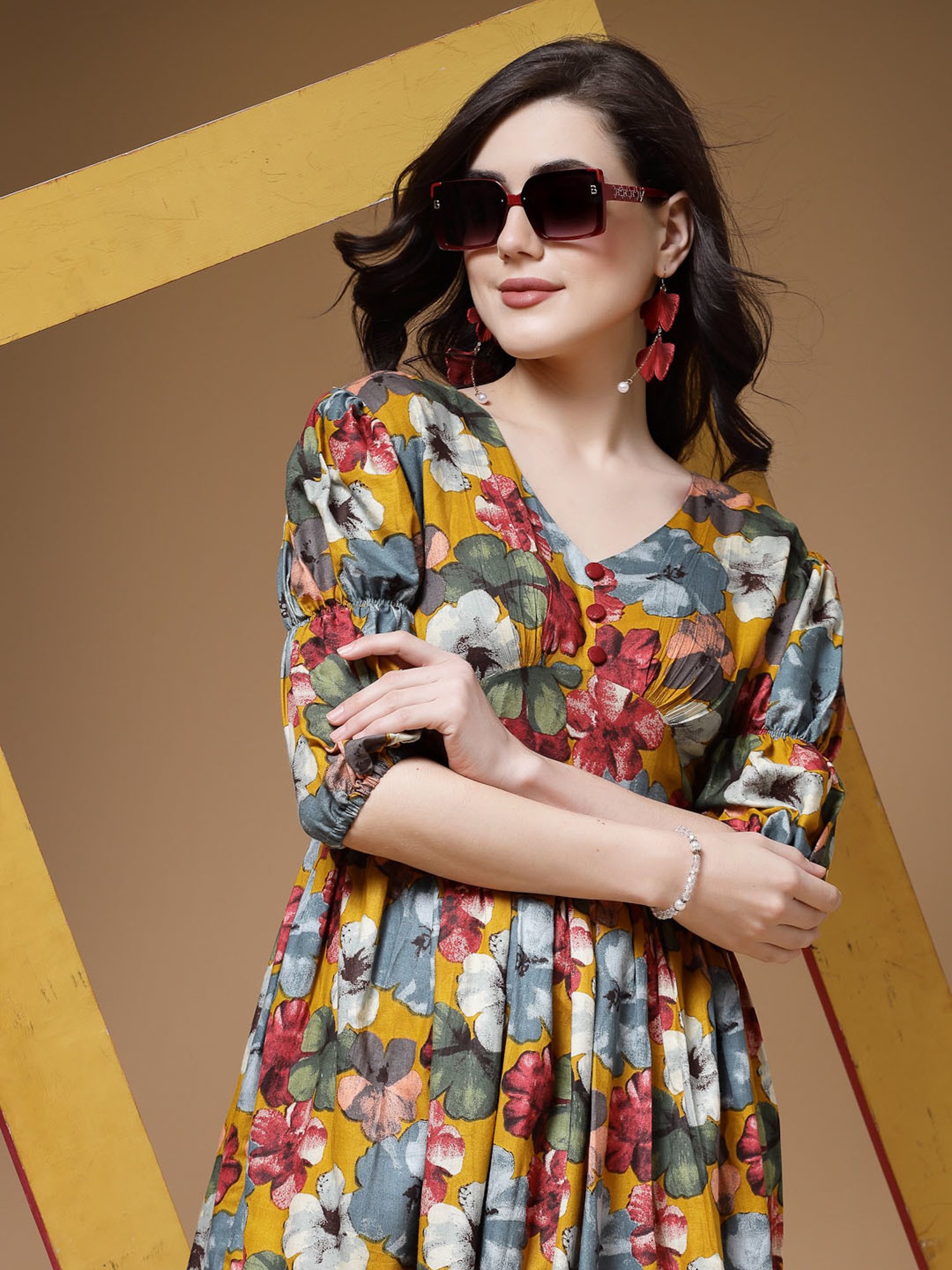 Indibelle Yellow Floral Ethnic Dress