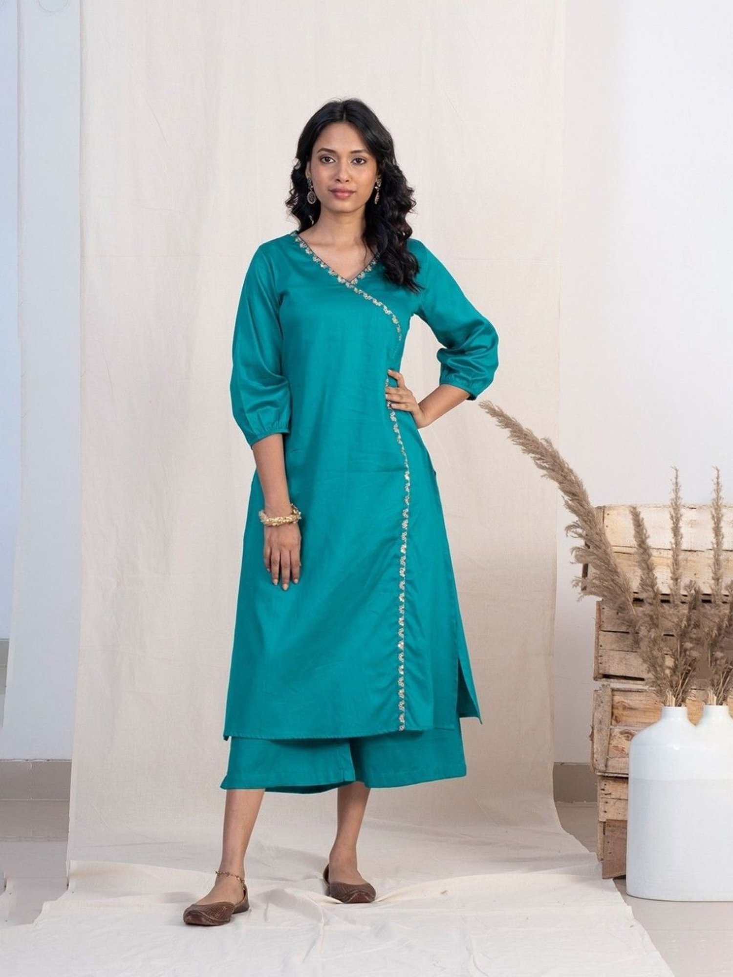 Akiso Jashn Blue Angrakha Embroidery Kurta Set With Plazzo And Green Dupatta