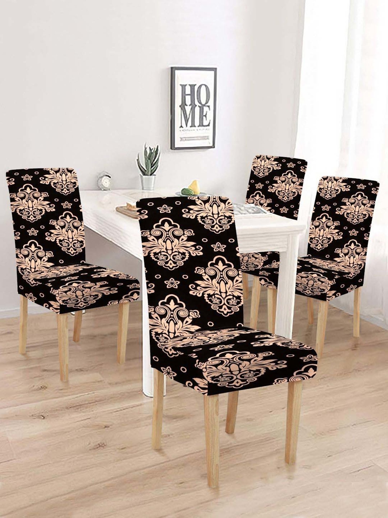 HOSTA HOMES Black Polyester Stretchable Printed Chair Cover - Set of 4