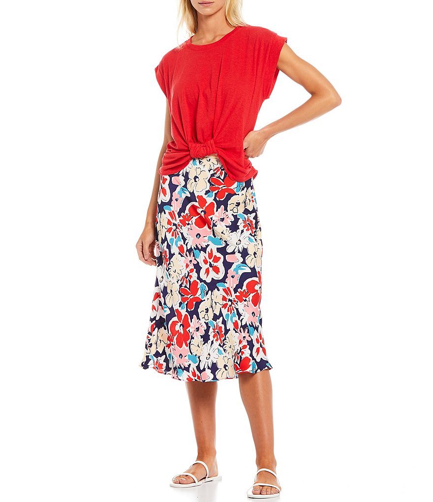 Skies Are Blue Floral Print Woven Midi Skirt