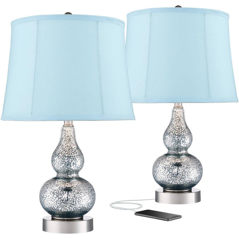 360 Lighting Castine Turquoise Glass Blue Softback USB Table Lamps Set of 2