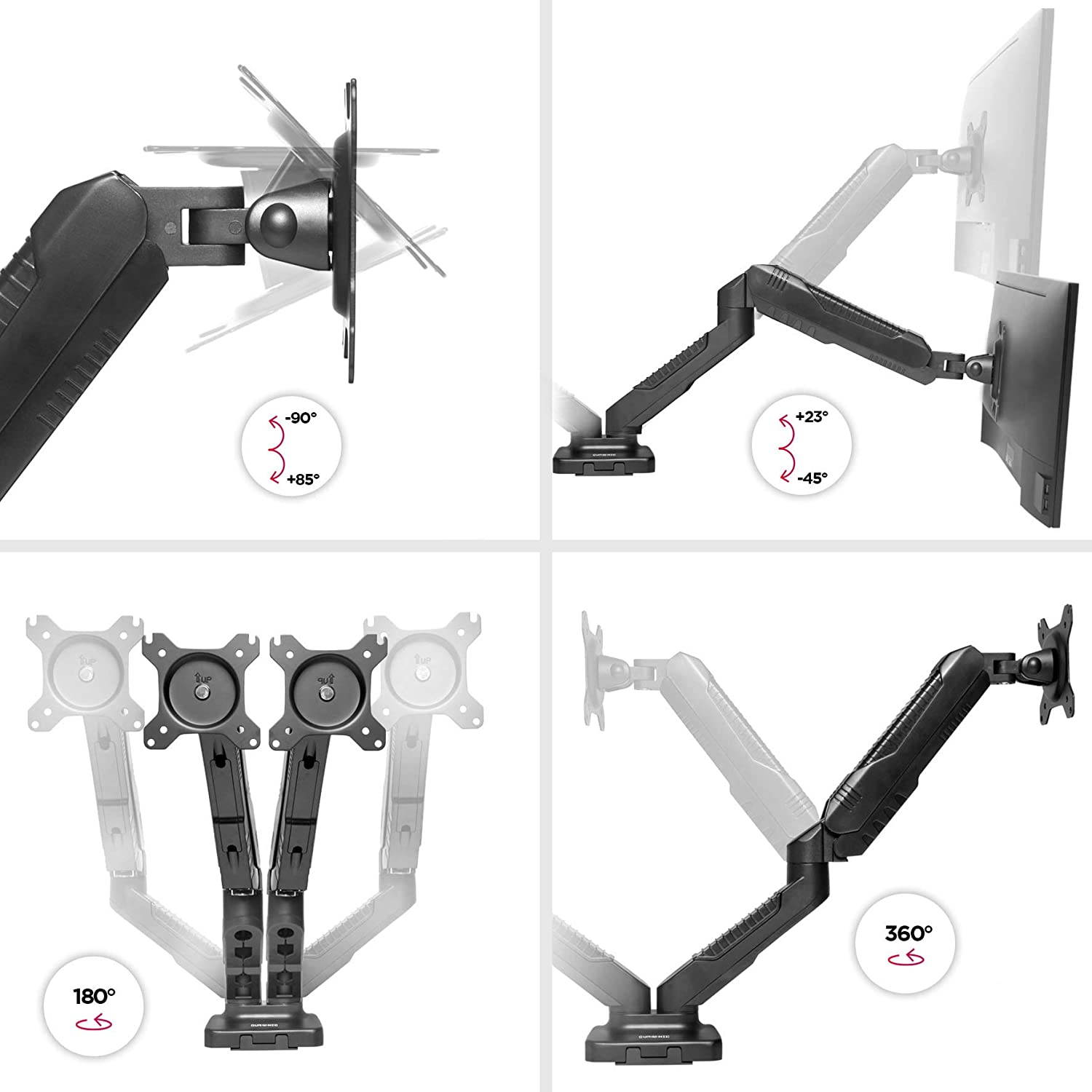 Duronic DMDC52 DualGas Desk Mount Arm Monitor Stand Bracket Powered Full Motion | LCD LED VESA Monitors | Desk Bracket with Tilt and Swivel (Tilt +90&deg;/-45&deg;|Swivel 180&deg;|Rotate 360&deg;)