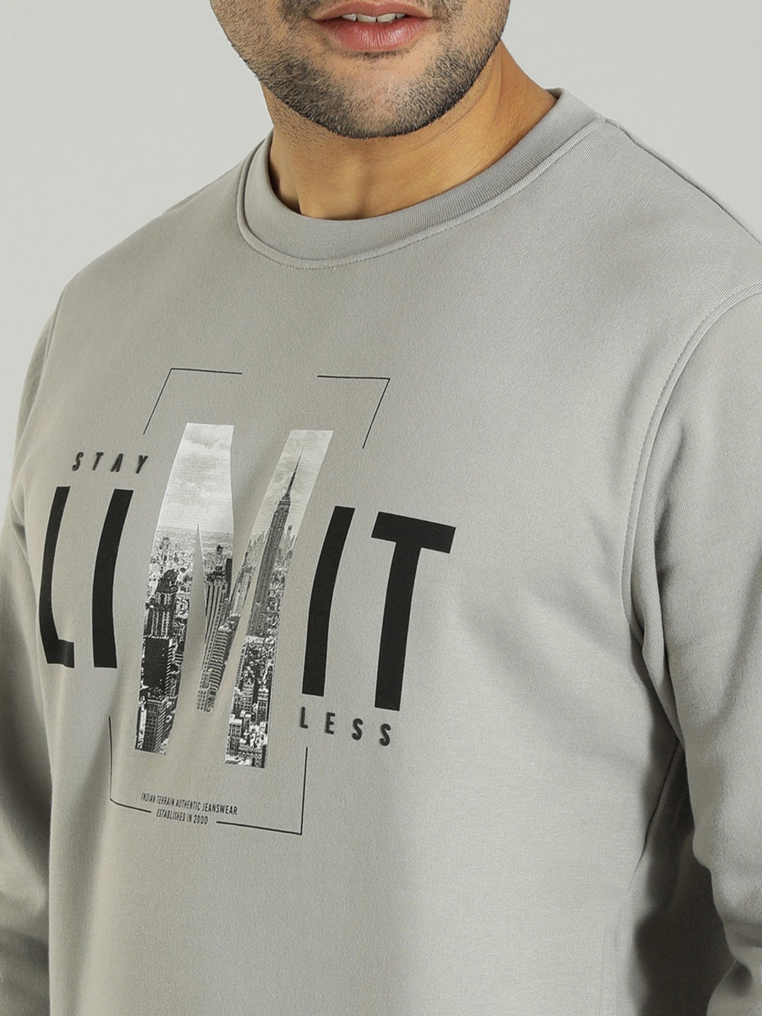 Indian Terrain Grey Melange Regular Fit Printed Sweatshirt
