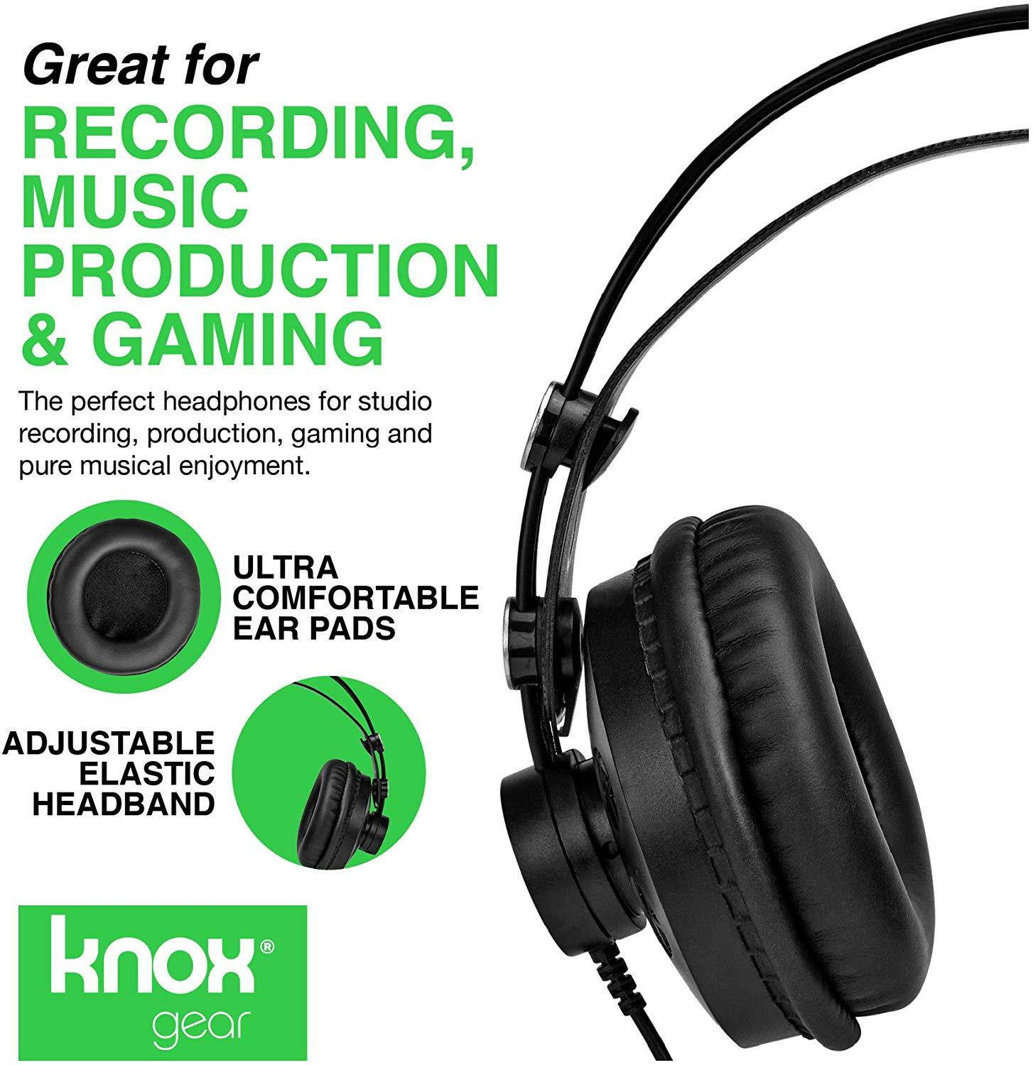 Knox Open Back Studio Headphones KN-HP200 - Recording, Music and Gaming Headphones with Powerful 50mm Driver and Deep Bass Sound - Adjustable Over Ear 10 ft Wired Head Phones with Jack and Adapter