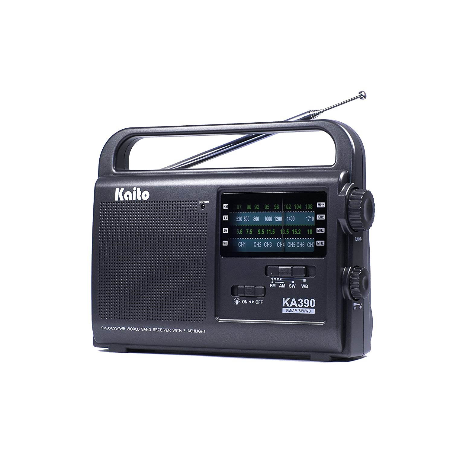 Kaito KA390 Portable AM/FM Shortwave NOAA Weather Radio with LED Flashlight, Color Black