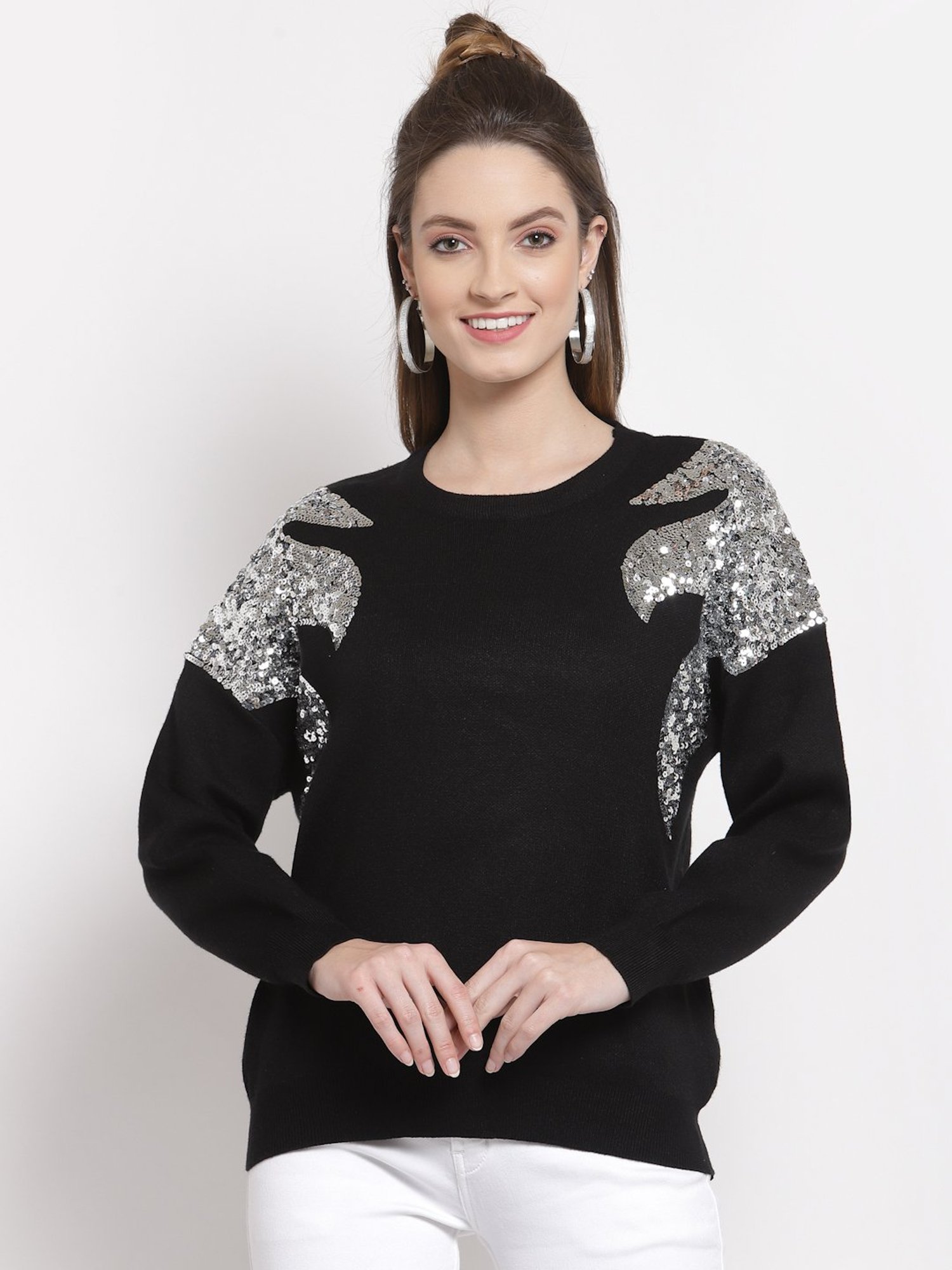 Mafadeny Black Embellished Round Neck Sweater