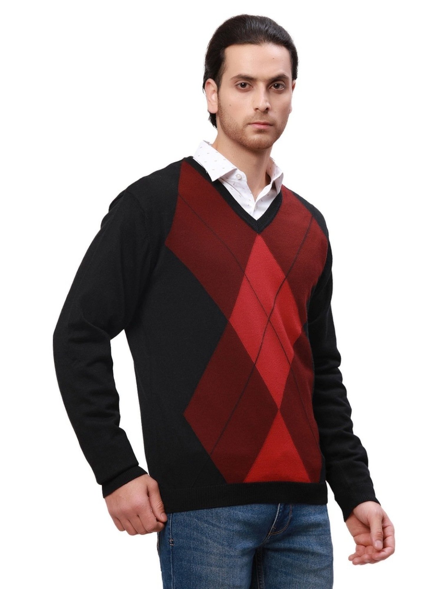 Park Avenue Red Regular Fit Argyle Sweater
