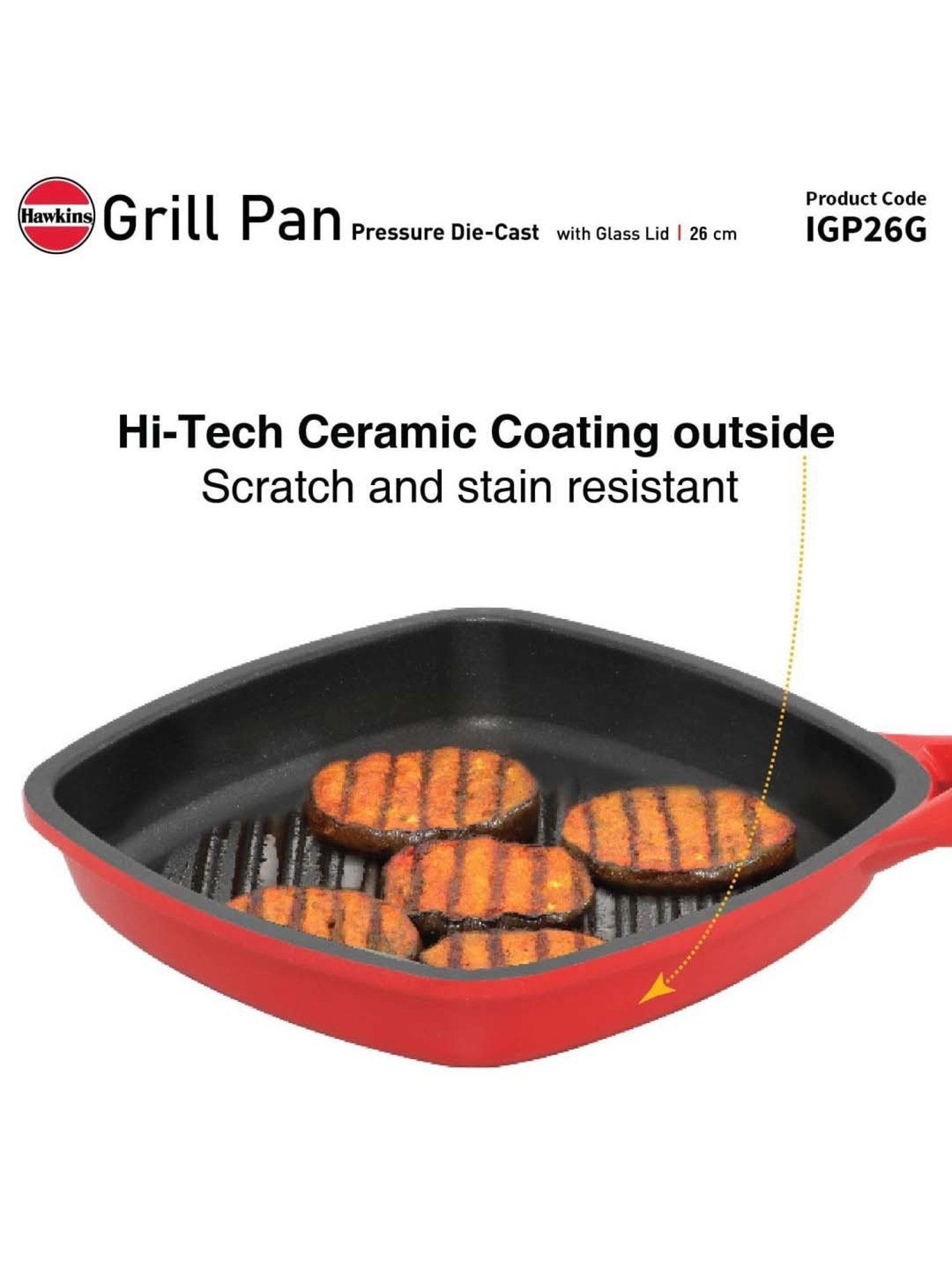 Hawkins Red Ceramic 26 cm Die Cast Square Grilling Pan With Glass Lid (Igp26G) (1.18 L)