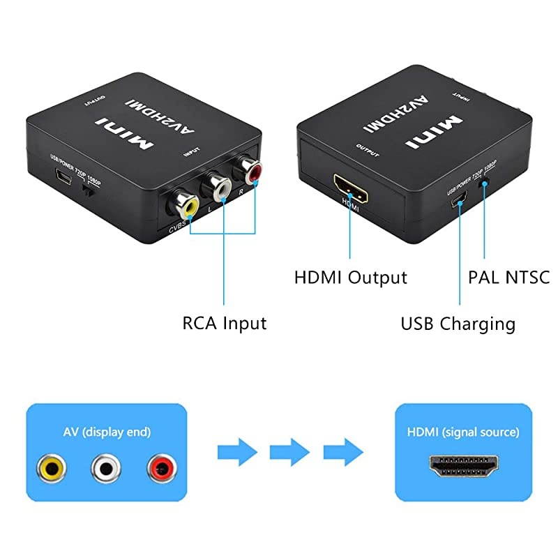 AV to HDMI tend 1080P Mini 3RCA AV CVBS Composite to HDMI Video Audio Converter Adapter Supports PALNTSC with USB Charge Cable for PC Laptop TV VHS VCR DVD