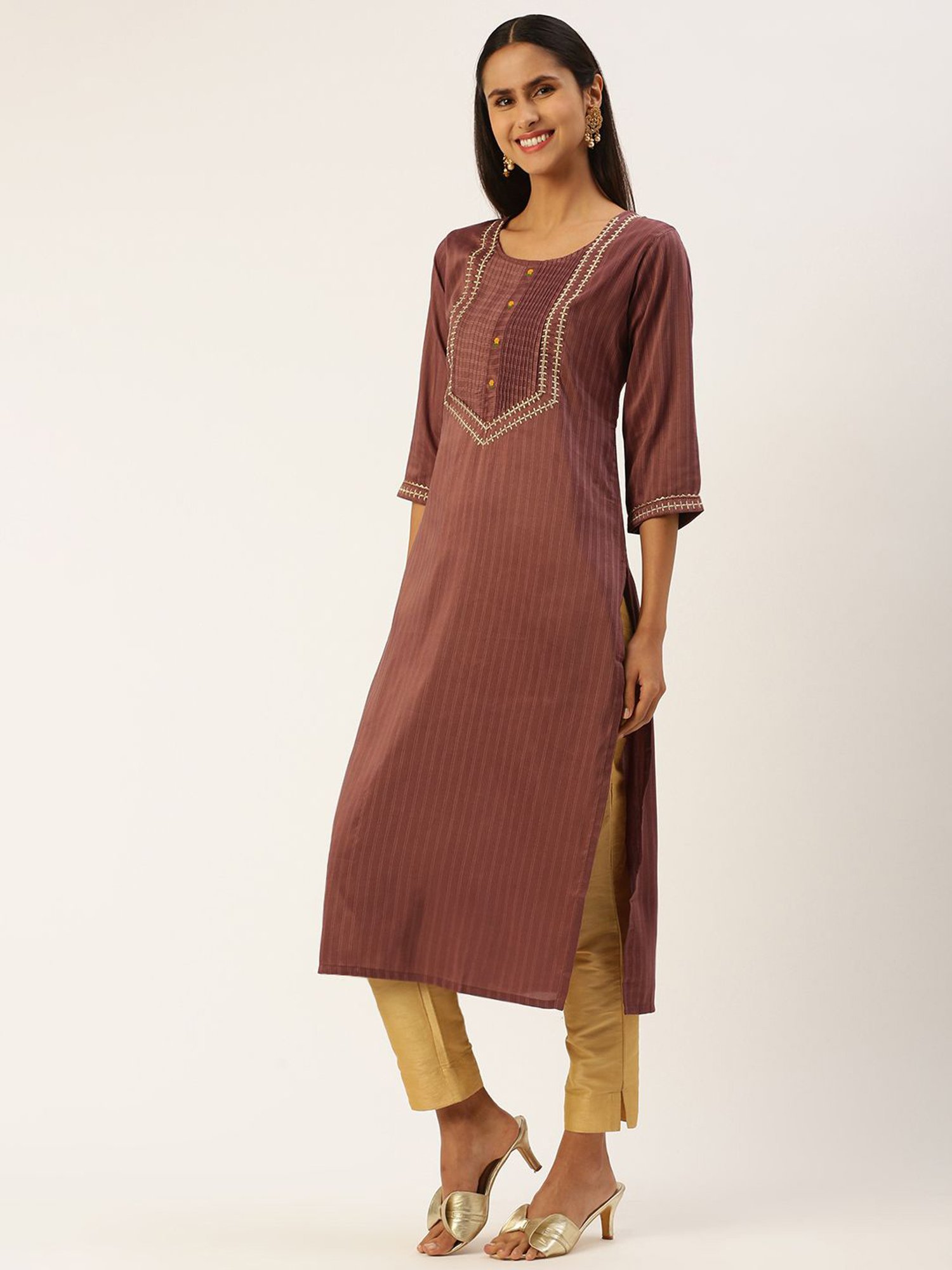 SHANVIKA Brown Striped Straight Kurta