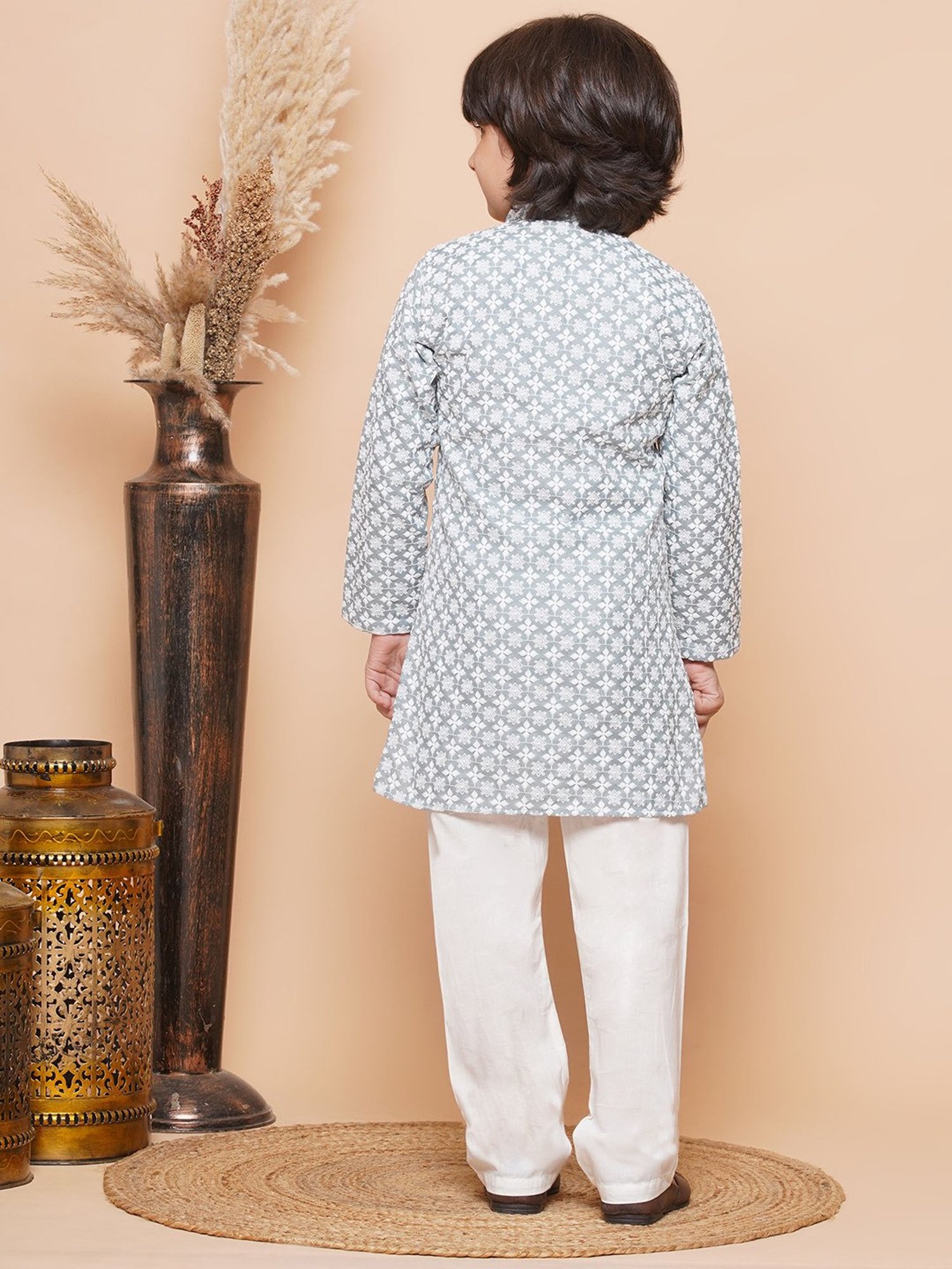 AJ Dezines Kids Grey & White Embroidered Full Sleeves Kurta with Pyjamas