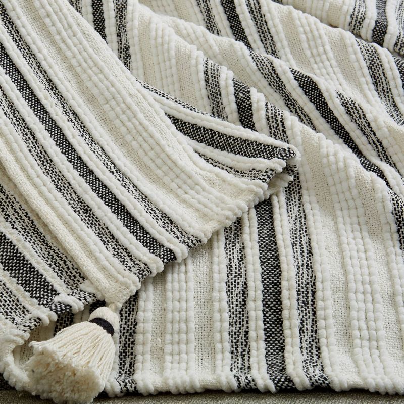 50"x60" Woven Striped Throw Blanket with Corner Tassels Black - Patina Vie