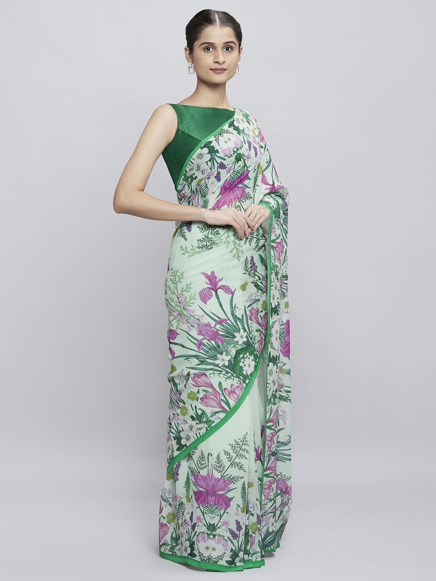 Navyasa Pista Green Liva Georgette Floral Printed Saree With Coordinated Unstitched Blouse Piece