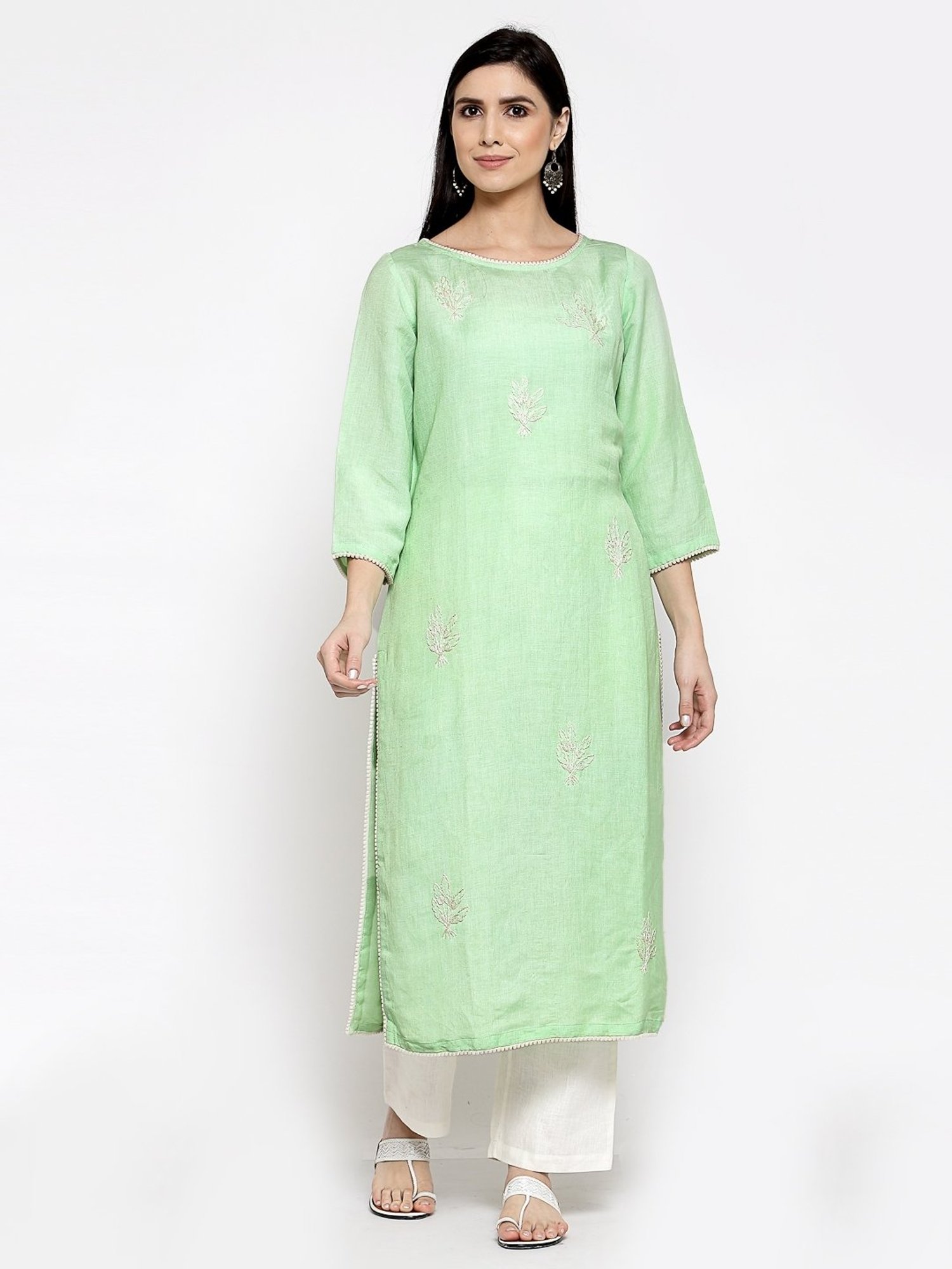 DART STUDIO Green Linen Embroidered Straight Kurta
