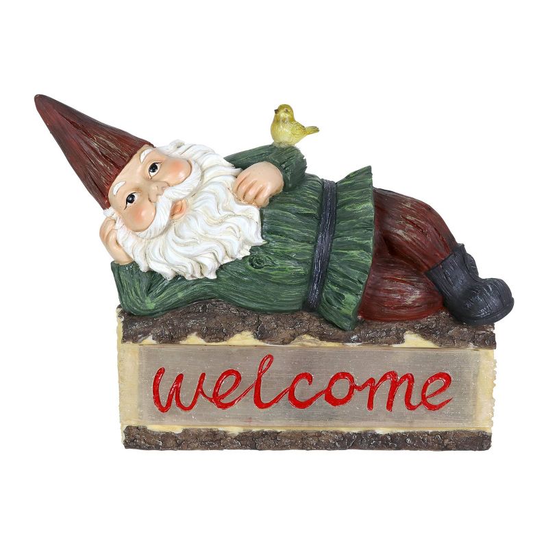 14" Solar Gnome On Welcome Log Resin Statue Green - Exhart