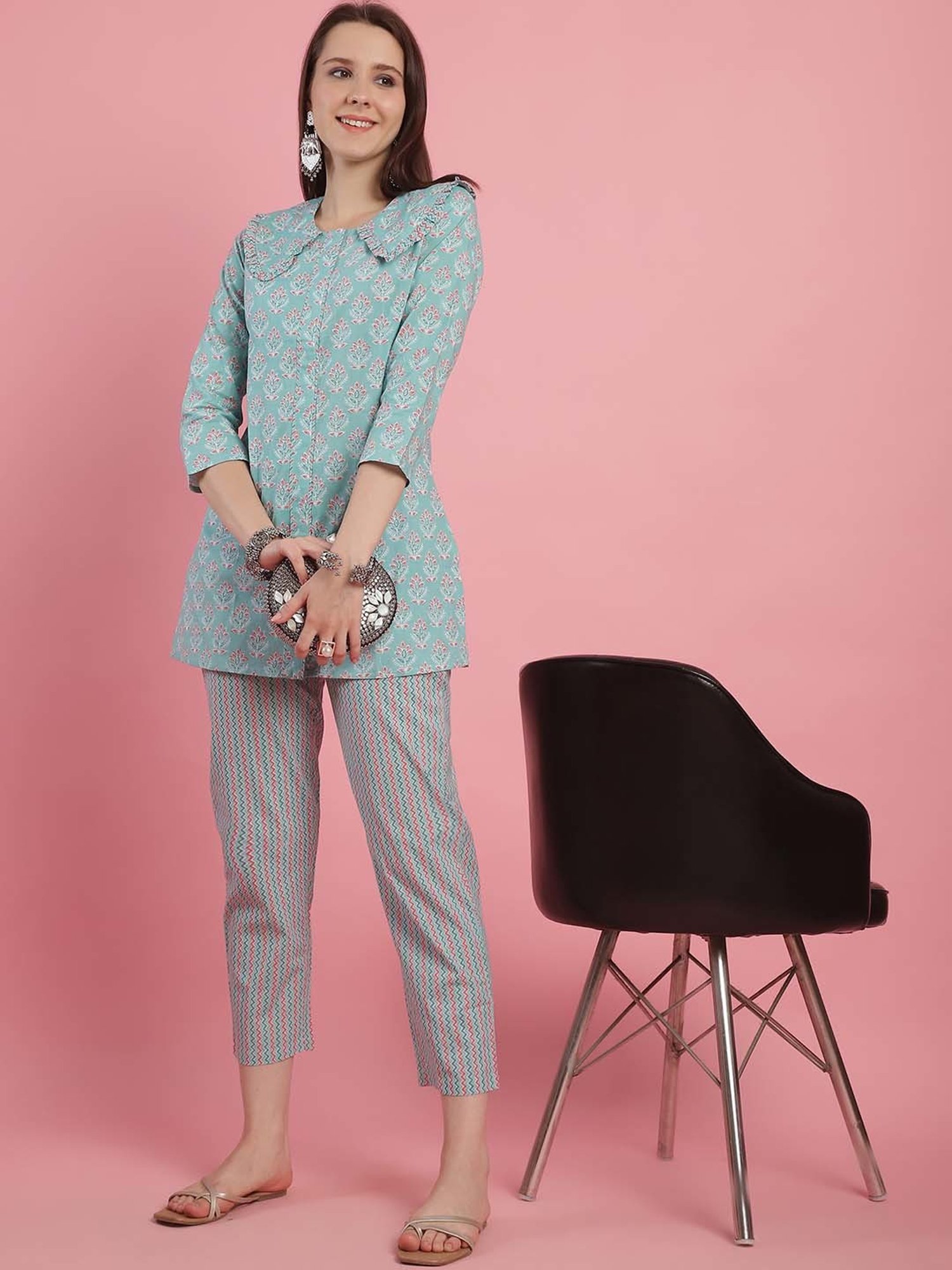 Prakrti Green Cotton Floral Print Top Pant Set