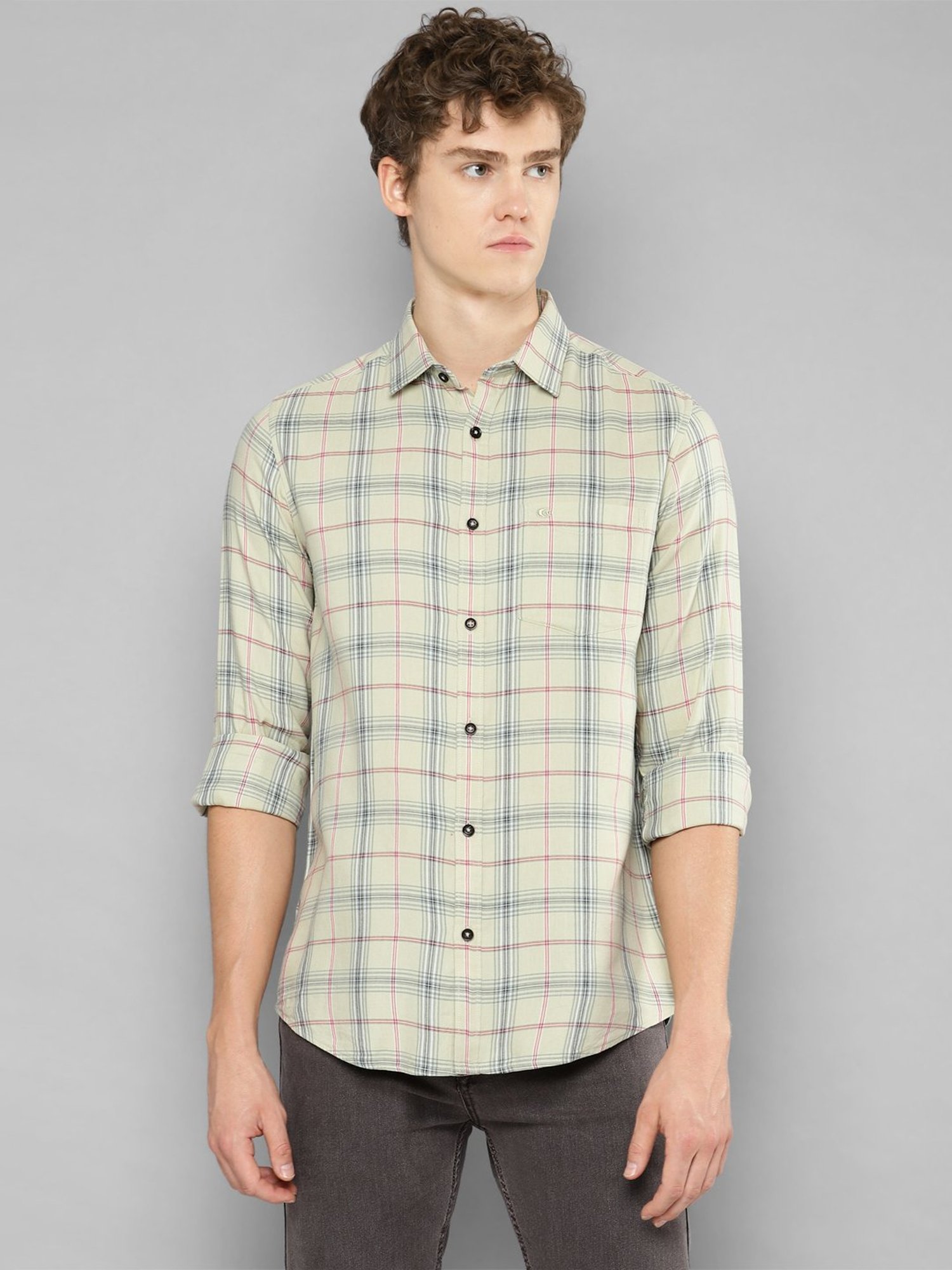 Allen cooper Light Beige Regular Fit Check Cotton Shirt