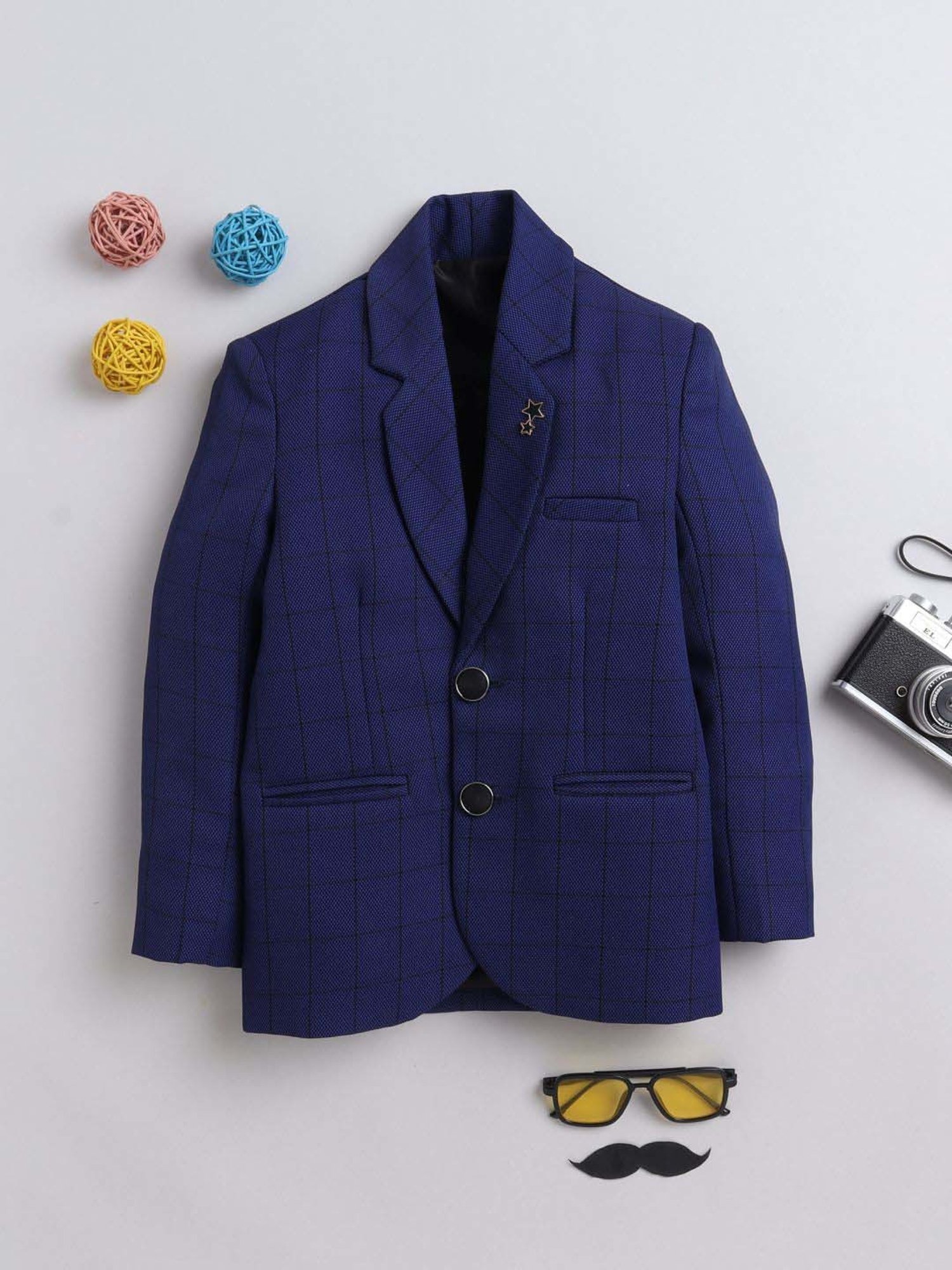 Fourfolds Boys Blue Checks Full Sleeves Blazer