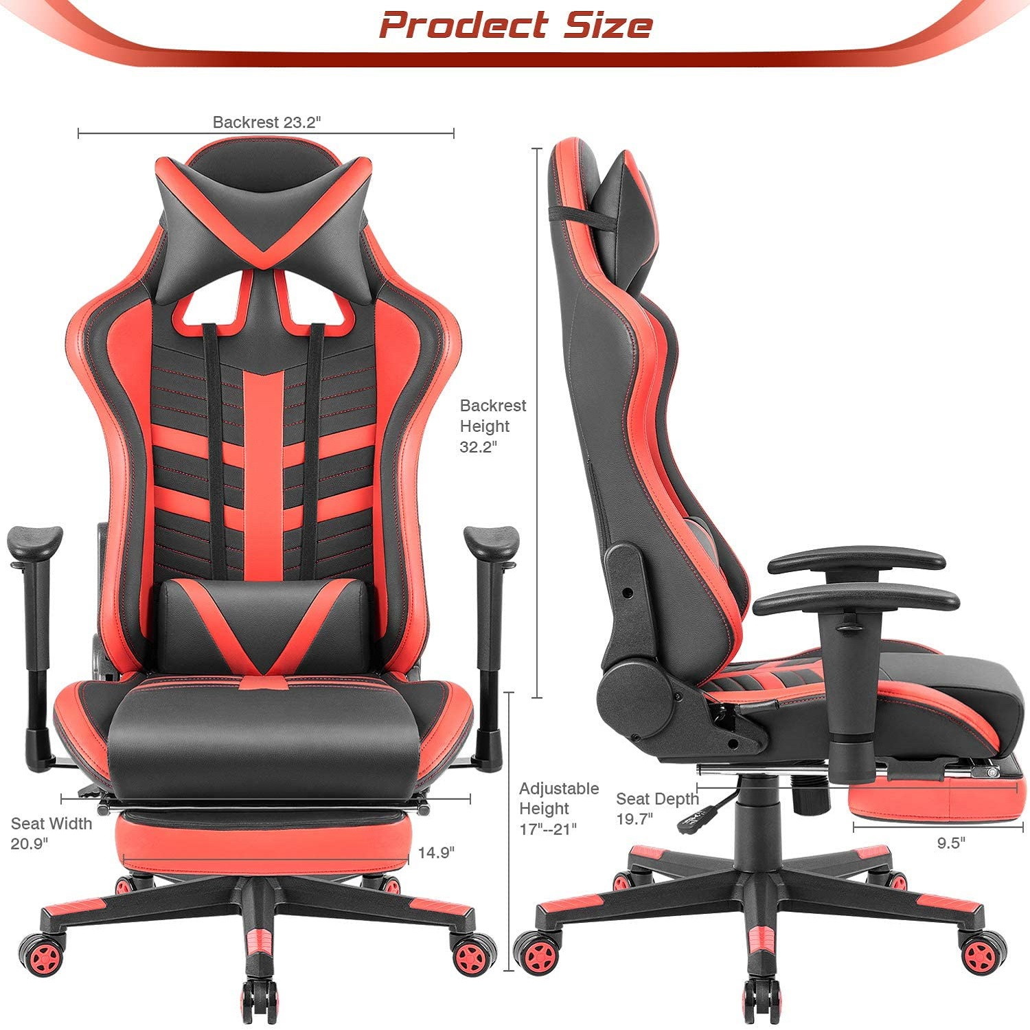 Homall Gaming Chair with Thickened Footrest Ergonomic Swivel Racing High-Back Bucket Seat, Premium PU Leather, Reclining, Hydraulic Height Adjustment, Lumbar Support, Adjustable Armrest (Red)