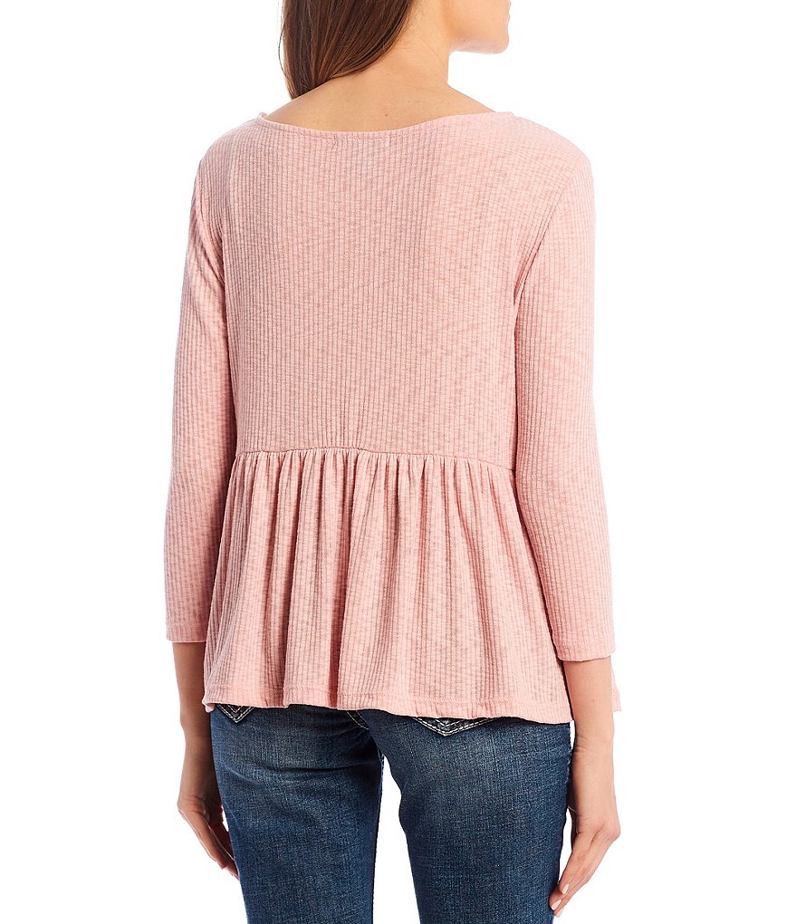 Good Luck Gem 3/4 Sleeve Ribbed Peplum Top