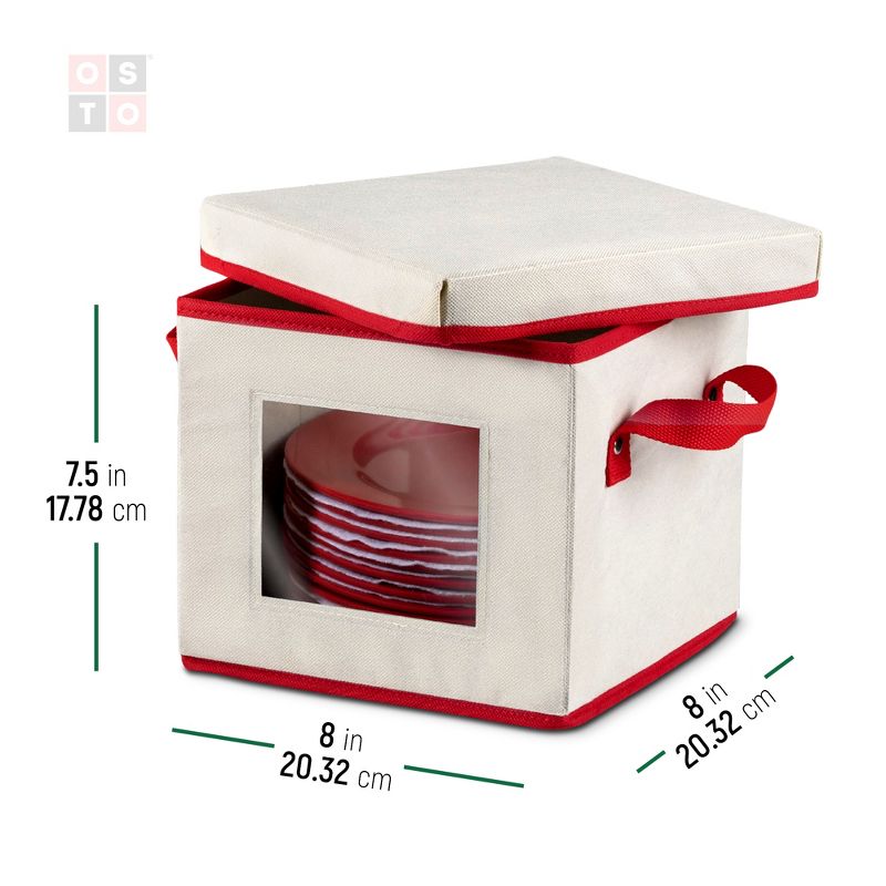 OSTO Holiday Dinnerware Storage Box with Lid; Plate Box Has Cardboard Insert, Lid, Handgrips, Clear Window; Non-Woven Fabric Color Ivory and Red