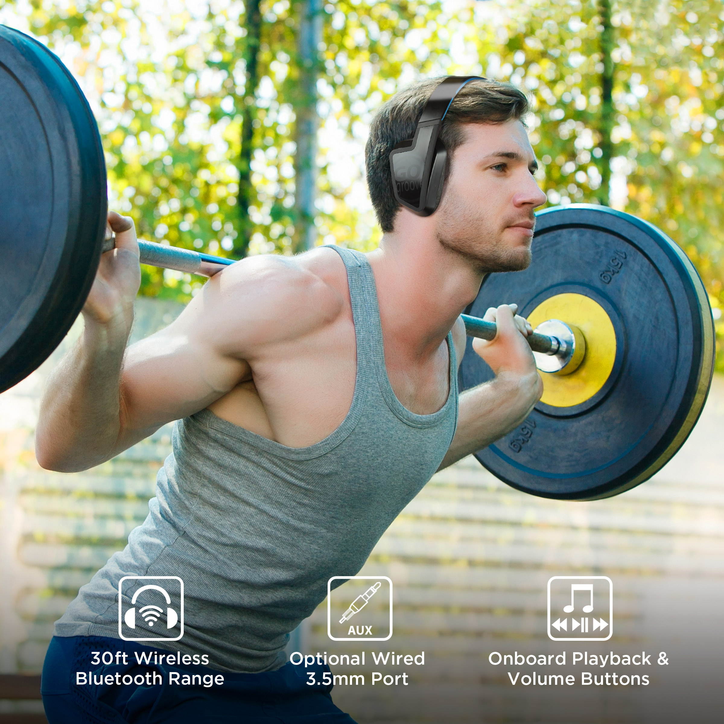 GOgroove Wireless Bluetooth Sport Headphones Over Ear - BlueVIBE FXT Foldable Sweatproof Wireless Headset with Built-in Mic & AUX Input Option, Cushioned Earpads, IPX4 Water Resistant