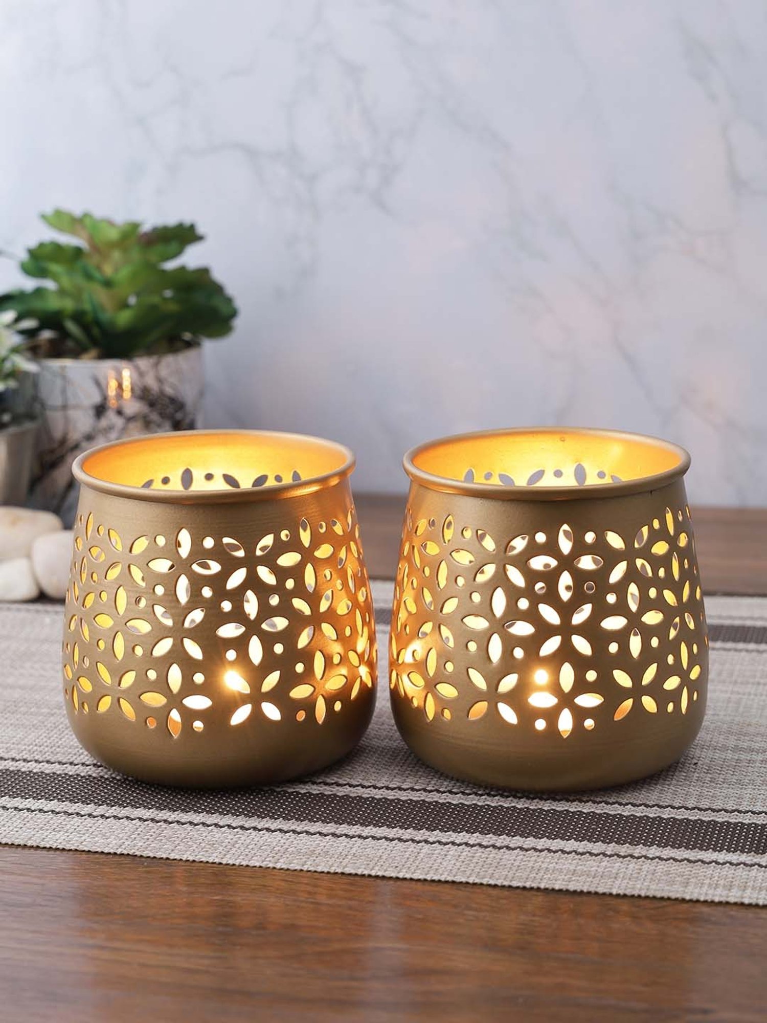 Aapno Rajasthan Golden Metal Candle Holder - Set of 2