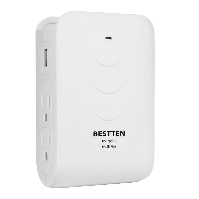 BESTTEN Side Entry 4-Outlet Extender, Wall Mounting Surge Protector with 2 USB Charging Ports (Sharing 2.4A), Top Cell Phone Dock Design, Portable for Travel or Home/Office Use, ETL Certified, White