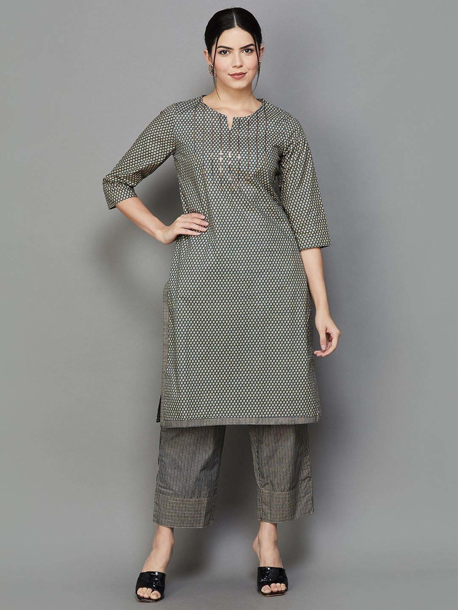 Melange by Lifestyle Black Cotton Printed Kurta Pant Set