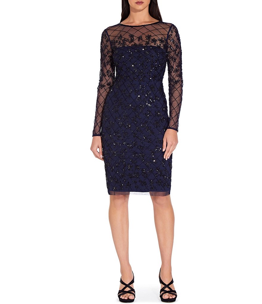 Adrianna Papell Round Neck Long Sleeve Beaded Sheath Dress