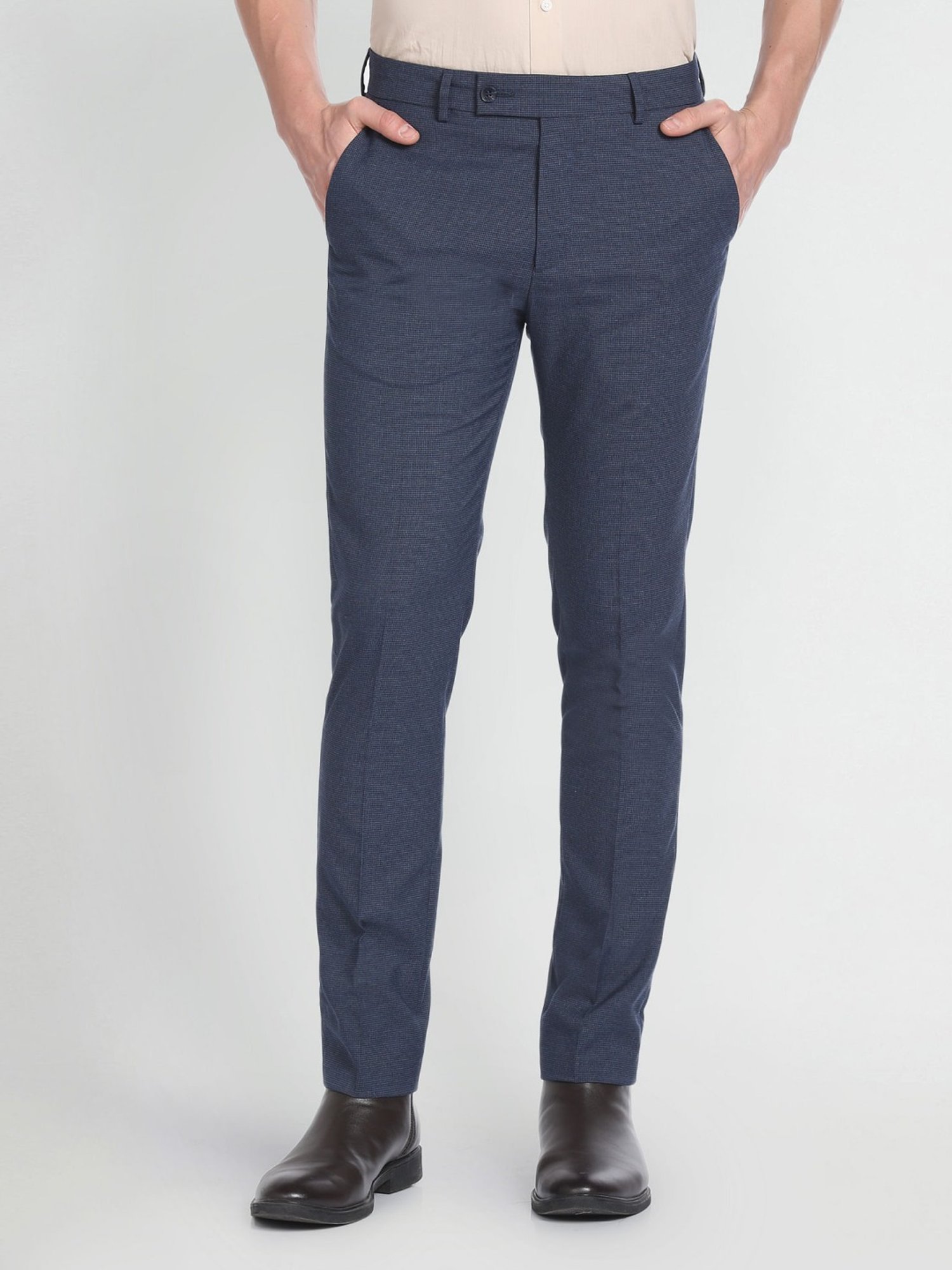 Arrow Blue Cotton Slim Fit Texture Trousers