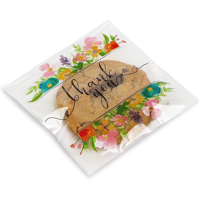 Sparkle and Bash 250 Pack Floral Thank You Plastic Party Favor Treat Bags for Cookies, Candy, Wedding Gifts, 4x4"
