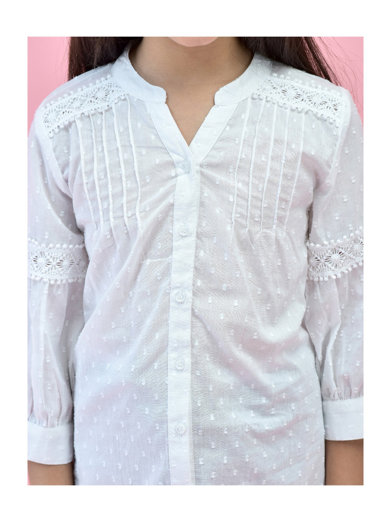 Juniper Girls White & Navy Self Design Shirt With Pants