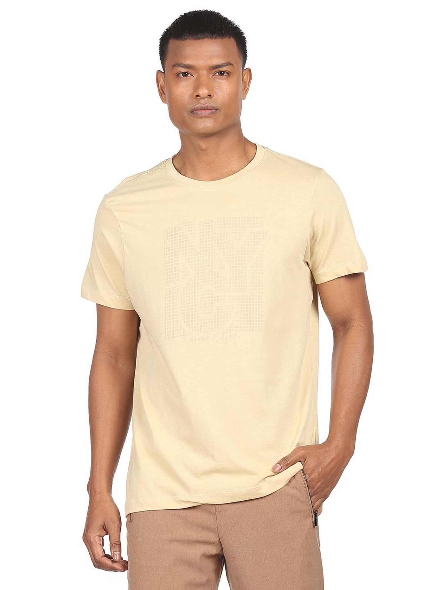 Arrow New York Beige Cotton Regular Fit Printed T-Shirt