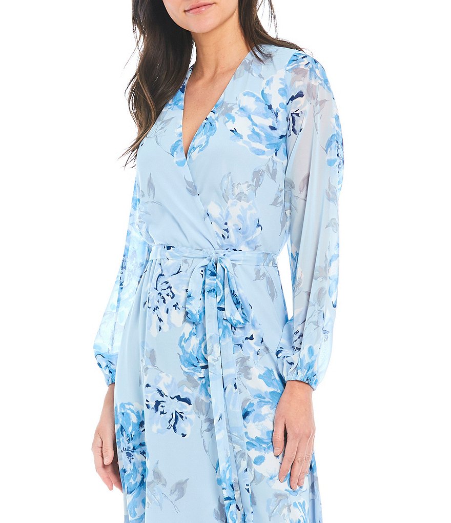 Marina Long Sleeve Floral Chiffon Maxi Wrap Dress