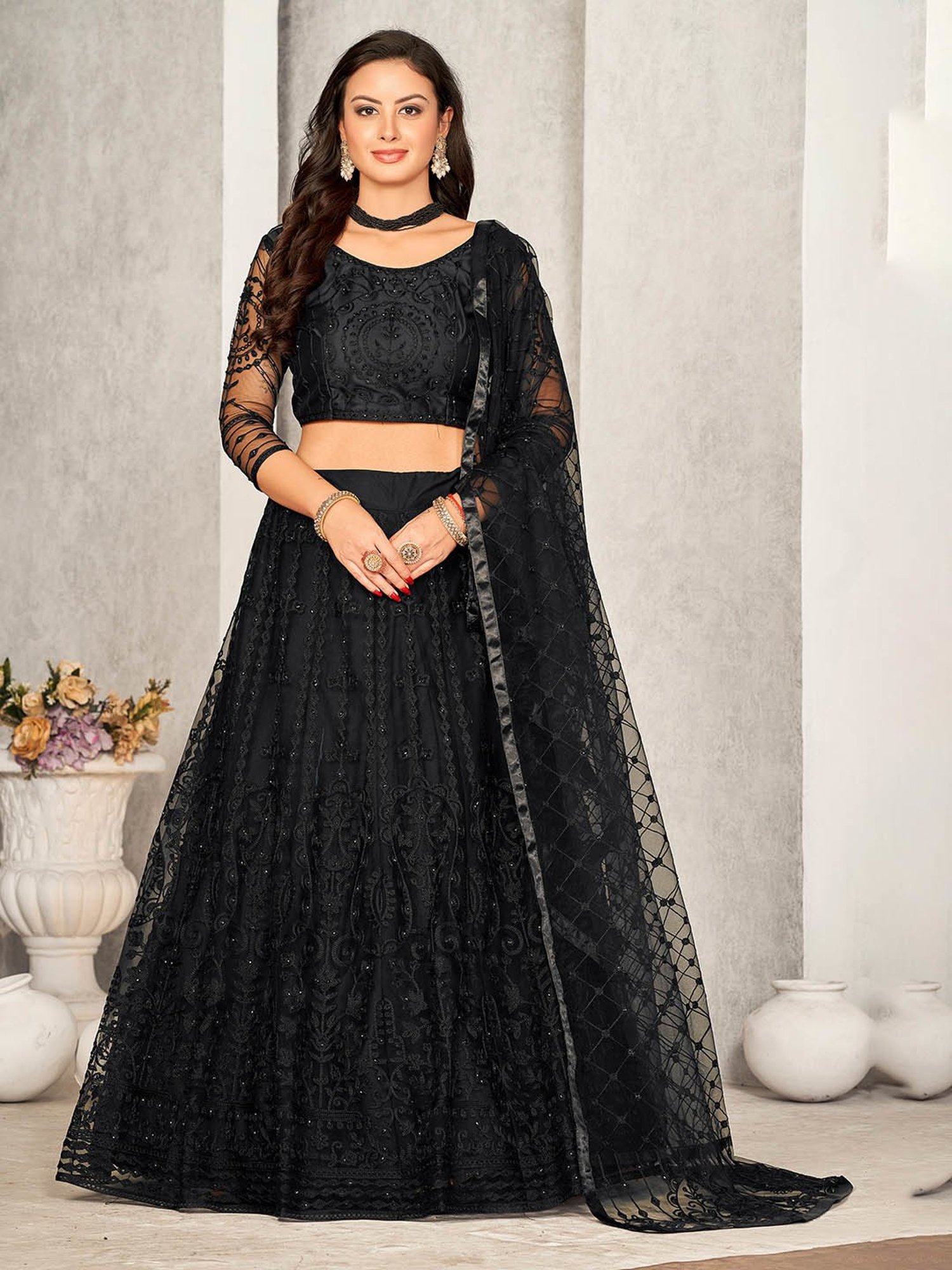 Warthy Ent Black Embroidered Lehenga Choli Set With Dupatta