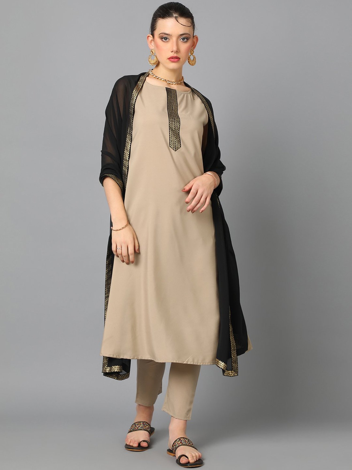 Ziyaa Beige Printed Kurta With Pant & Dupatta