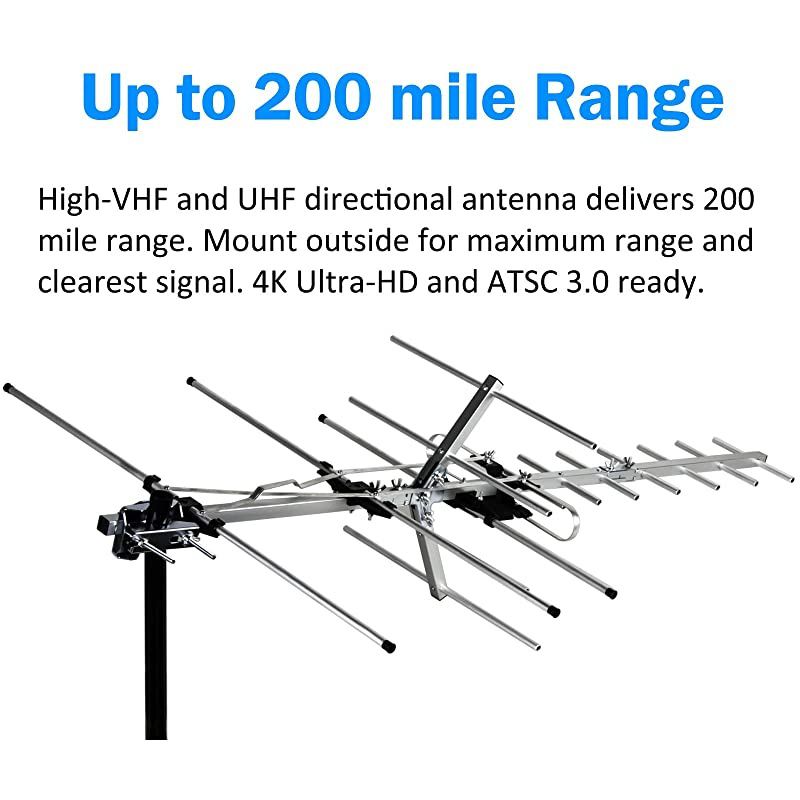 Newest 2020  Yagi Satellite HD TV Antenna up to 200 Mile Range Attic or Roof Mount TV Antenna Long Range Digital OTA Antenna for 4K 1080P Supports 4 TVs Installation Kit amp Mounting Pole