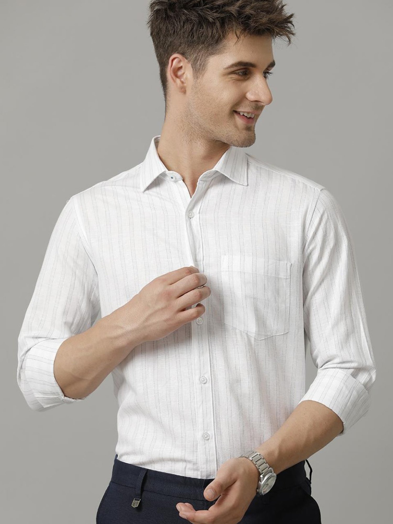 Linen Club Blue Linen Contemporary Fit Striped Shirt