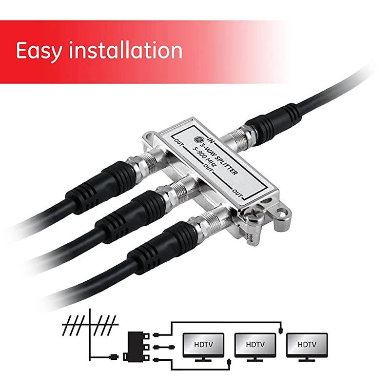 3-Way Coaxial Cable Splitter, 5-900 MHZ Ran, RG59 RG6 Coax Compatible, Audio, Video, Works with HD TV, Cable, Amplifiers, Amplified Antennas, Nickel, Corrosion Resistant, 35048