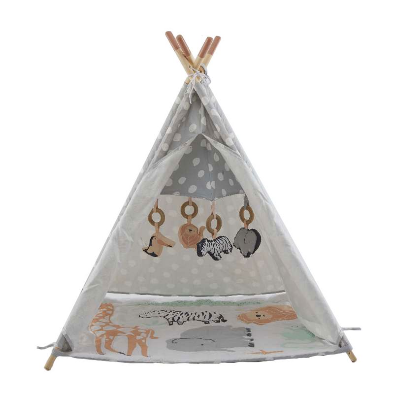 Wonder&Wise Indoor Baby Toddler Childrens Foldable Canvas Activity Toy Teepee Play Tent House with Safari Animal Floor Mat for Ages 6 Months and Up