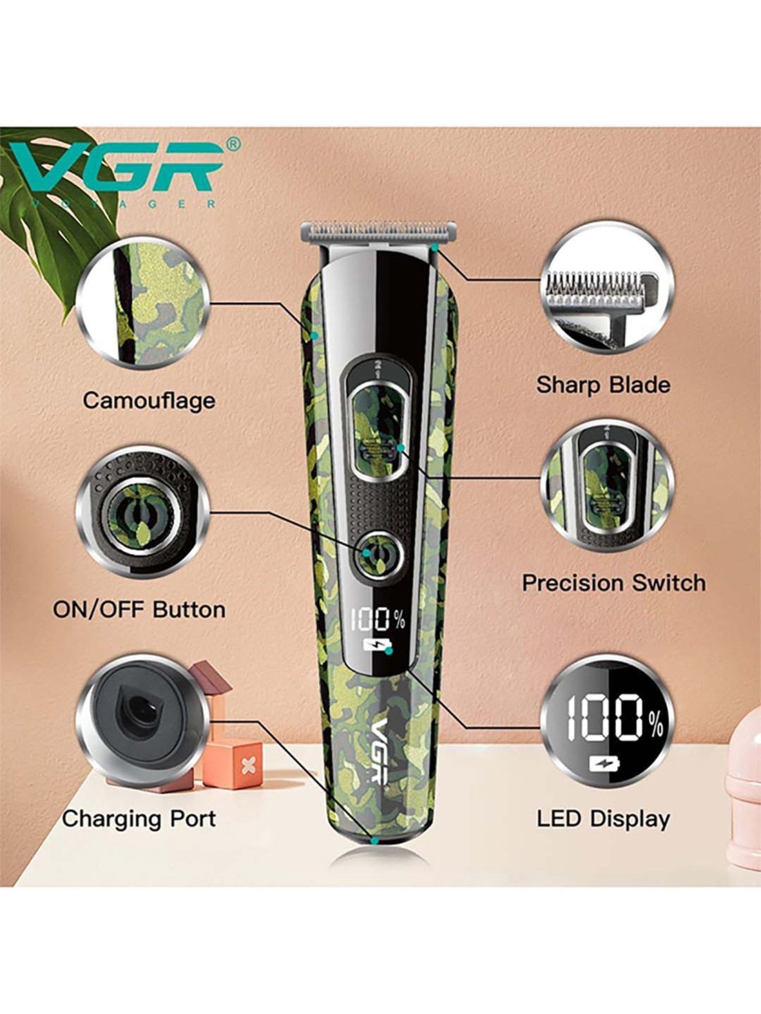 VGR V-271 Professional Corded and Cordless Hair Trimmer - 150 min Runtime (Camouflage)