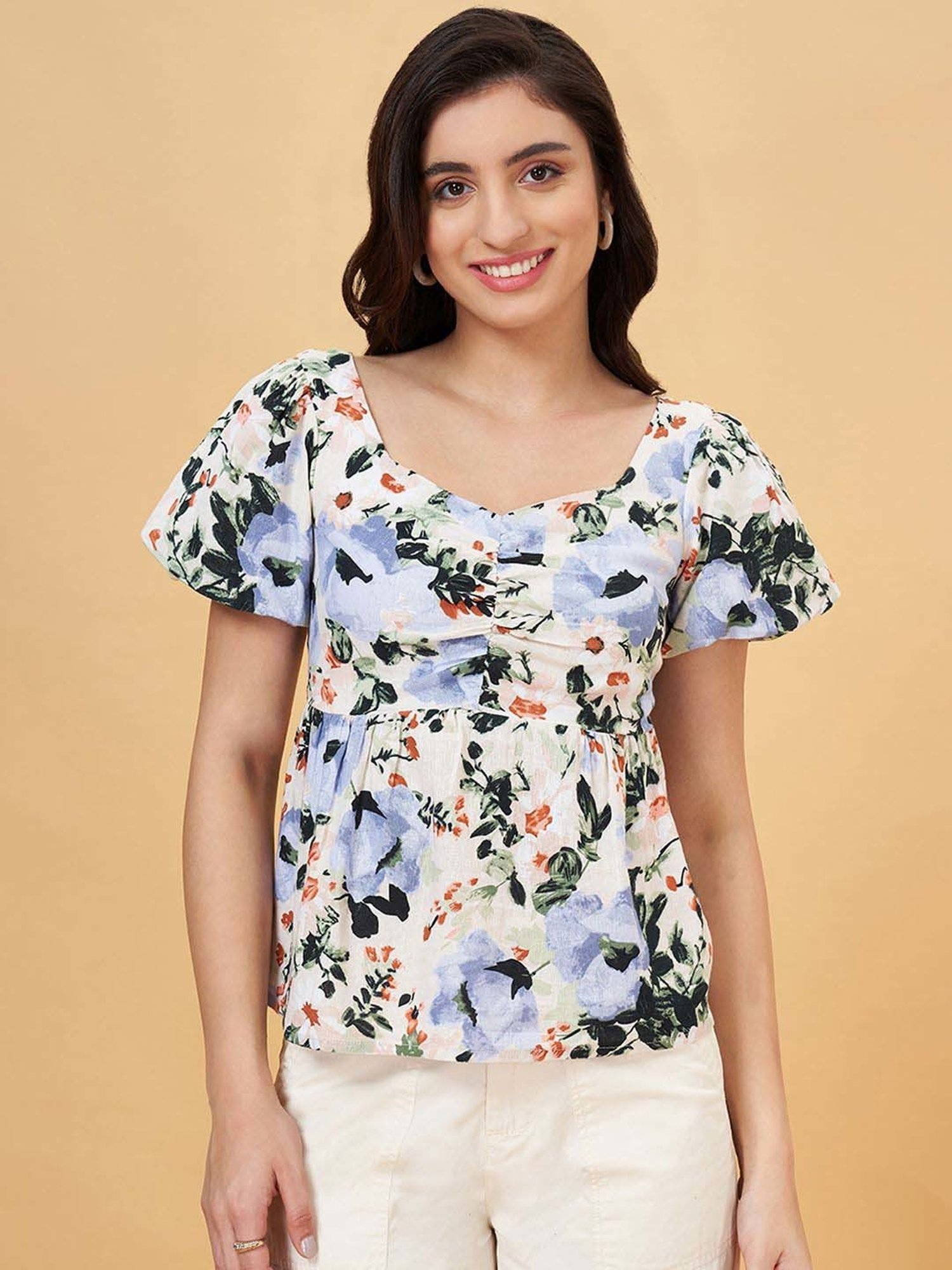 Honey by Pantaloons White & Blue Printed Top