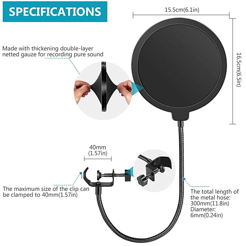 Professional Microphone Pop Filter Shield Compatible with Blue Yeti and Any Other Microphone Dual Layered Wind Pop Screen With A Flexible 360 Degree Gooseneck Clip Stabilizing Arm