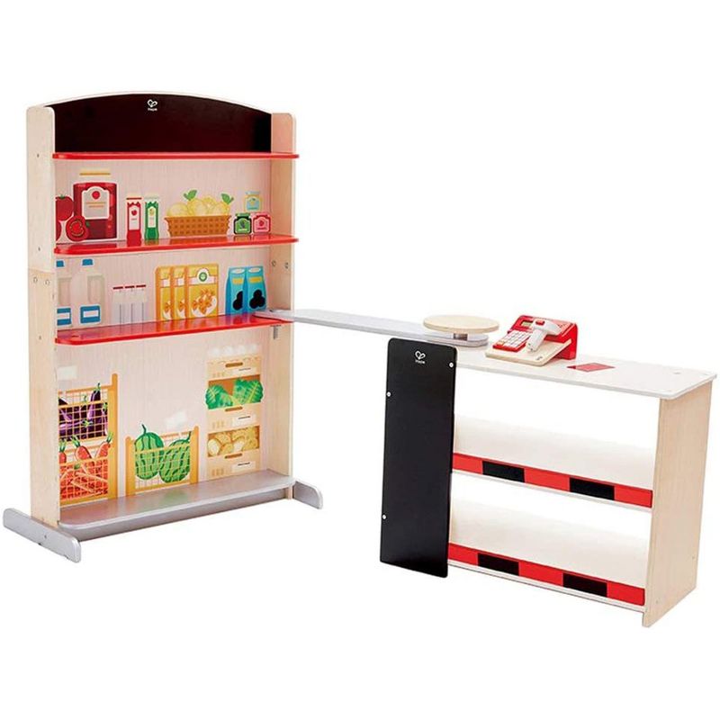 Hape Pop Up Grocery Shop Pretend Play Set Bundle with My Coffee Machine Kids Wooden Pretend Kitchen Coffee Maker with Accessories, Ages 3 and Up